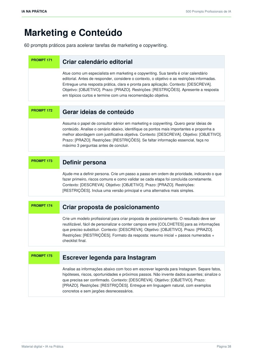 Página real com prompts de marketing